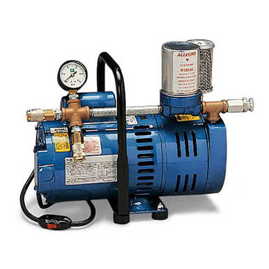 The Allegro Supplied Air Shield System 9245-01, a blue electric air compressor with pressure gauge, metal handle, power cord, and labeled canister on top, is shown on a white background. Brand: Allegro.
