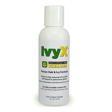 The Coretex IvyX Cleanser 4oz Lotion Bottle, available in cases of 12, is designed to effectively remove oils from poison oak and ivy. Featuring a white bottle with green and yellow labeling, it also offers skin protection with added moisturizers.