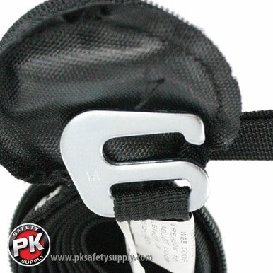Close-up of the 3M Fall Protection DBI-SALA Suspension Trauma Strap 9501403, a black safety strap with a metal hook designed to be an ideal harness accessory for preventing suspension trauma. The rolled strap includes a visible label. The PK Safety Supply logo is displayed in the corner next to a website URL.