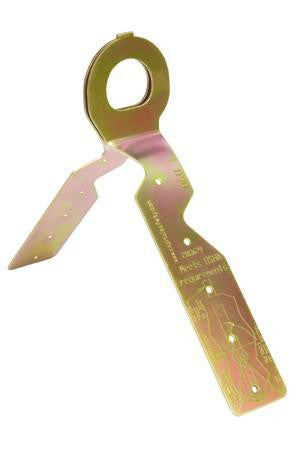 The Protecta Knock-Down Disposable Roof Anchor, part of 3M Fall Protection's collection, is a metal hanger featuring a hook and an elongated body with engraved text and small holes. It is designed for structural support in construction projects and serves as a fall protection anchor. Its gold-tone finish has a reflective quality.