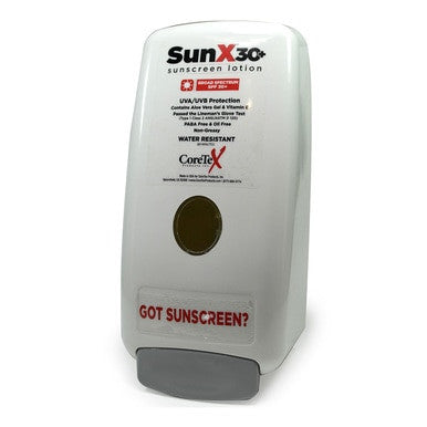A white Coretex Sun X SPF30 Lotion 750 ml Wallmount Dispenser features a push button and "GOT SUNSCREEN?" in red at the bottom.