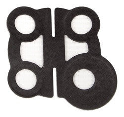 A uniquely shaped black gasket with four symmetrically arranged circular openings is designed for the BW GasAlertMicro Clip XT, XL, X3 Quad Sensor Screen Filters by PK Safety Supply. It includes an elongated central cut that runs vertically, enhancing its reliability in mechanical applications.