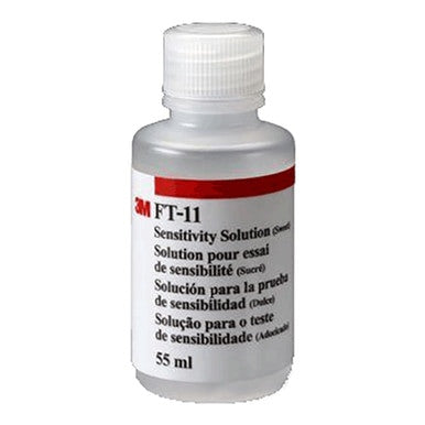 The 3M FT-11 Sweet Sensitivity Solution - Saccharine (6/case) is a 55 ml plastic bottle with a white screw cap, labeled in multiple languages, used for respirator fit testing to meet OSHA requirements.