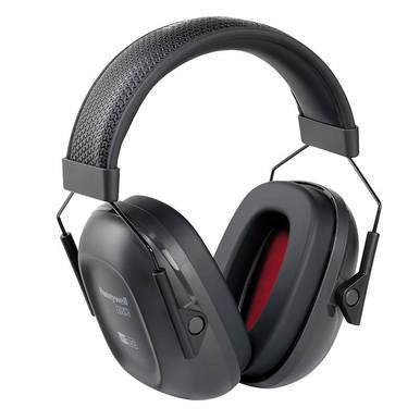 The Honeywell VS110 VeriShield Earmuff 1035100-VS by Honeywell Safety features black noise reduction capabilities and a padded headband. With their sleek design, these earmuffs are displayed against a plain white background.