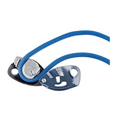 A blue rope threads through the Petzl GRIGRI Grey Belay and Descent Device D014BA00, crafted for climbing safety. This device by Petzl includes assisted braking with two circular openings and a hinged metal component, guaranteeing dependable descent control.