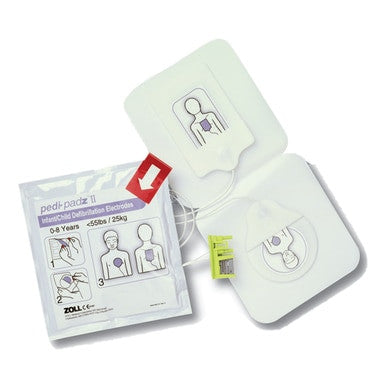 The ZOLL Pedi-Padz II Electrodes (One Pair, 8900-0810-01) are pediatric defibrillation pads with placement guides, made by ZOLL for AED Plus or pediatric ECG use on children aged 0-8 years under 25kg.