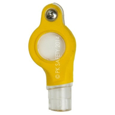 Close-up of a yellow calibration cap featuring a clear center, marked "© PK Safety Supply 2014." A metal screw is perched on top, perfectly compatible with the BW Honeywell Hydrophobic Pump Filter Replacements XT-RF-H50 (50/Pack), ensuring seamless integration.