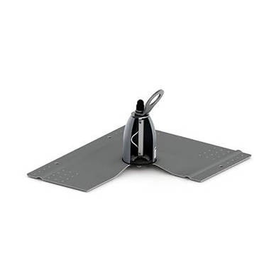 A sleek, silver and black iron rests on a flat, folding ironing board designed for pant legs. Similar to the reliable design of the 3M DBI-SALA Roof Top Anchor by 3M Fall Protection, which is suitable for metal, concrete, and wood roofs, the board's V-shaped design securely accommodates the shape of the iron.