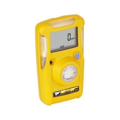 The BW Clip Real Time 2 Year H2S Detector BWC2R-H by BW Technologies, Honeywell, features a yellow design with a digital screen displaying "0 ppm" for H2S. It includes buttons and a "Clip" for easy attachment.