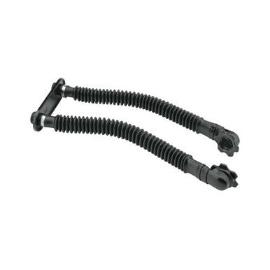The Honeywell North Backpack Respirator Adapter by NORTH includes a pair of flexible black accordion-style hoses with connectors at each end, specifically designed for easy attachment to welding respirators. These NIOSH-certified hoses are constructed from durable materials and have a ridged surface that allows for flexibility and extension, providing protection against chemical contamination.