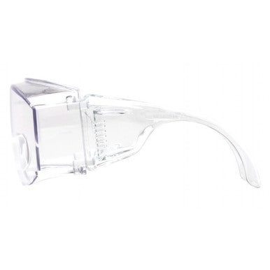 Pyramex Safety Jumbo Solo Clear Lens S510SJ Glasses (12/box) feature a wide, curved frame and side shields, shown from the side against a white background—perfect safety glasses for wearing over prescription eyewear.