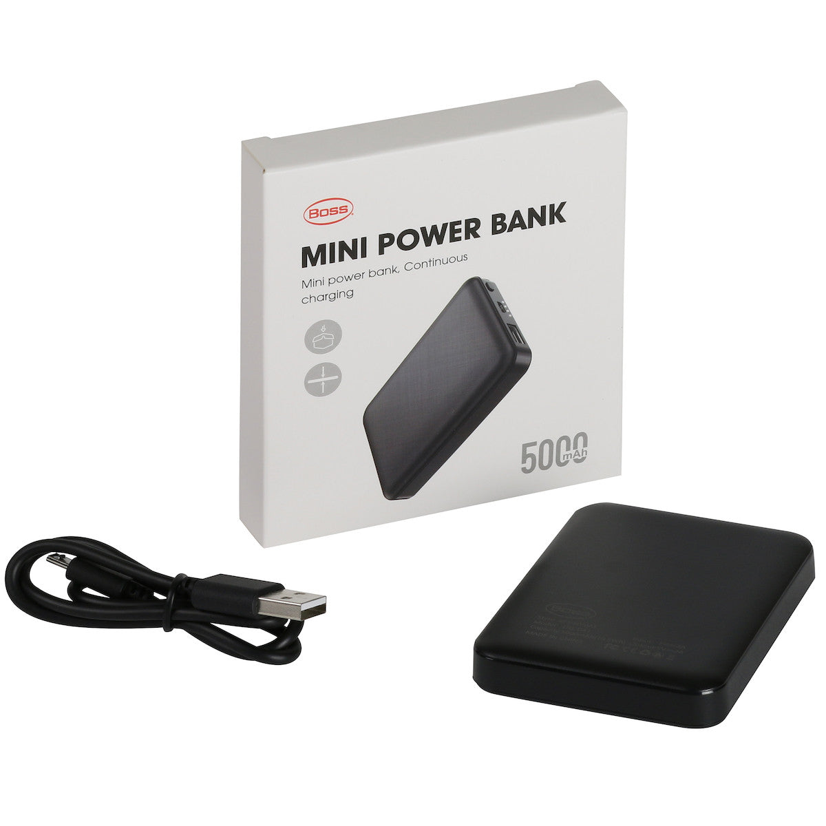 A sleek black "Boss Mini Power Bank" with 5000 mAh capacity is shown with its packaging and USB cable, perfect for charging the PIP Boss Therm Heated Baselayer Vest 300-HV100, ensuring you stay warm and ready wherever you are.