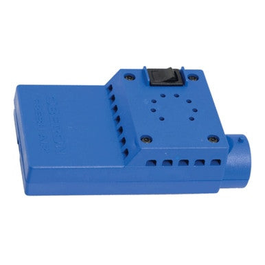 The Oberon Fresh Air Arc Flash Hood Ventilation System HVS-4B-PM by PK Safety Supply is a blue electronic device with a rectangular shape, equipped with a switch and multiple ventilation holes on its surface. It also has a small cylindrical component on one end and several screws visible around the edges, resembling the design of the TCG Series Hoods.