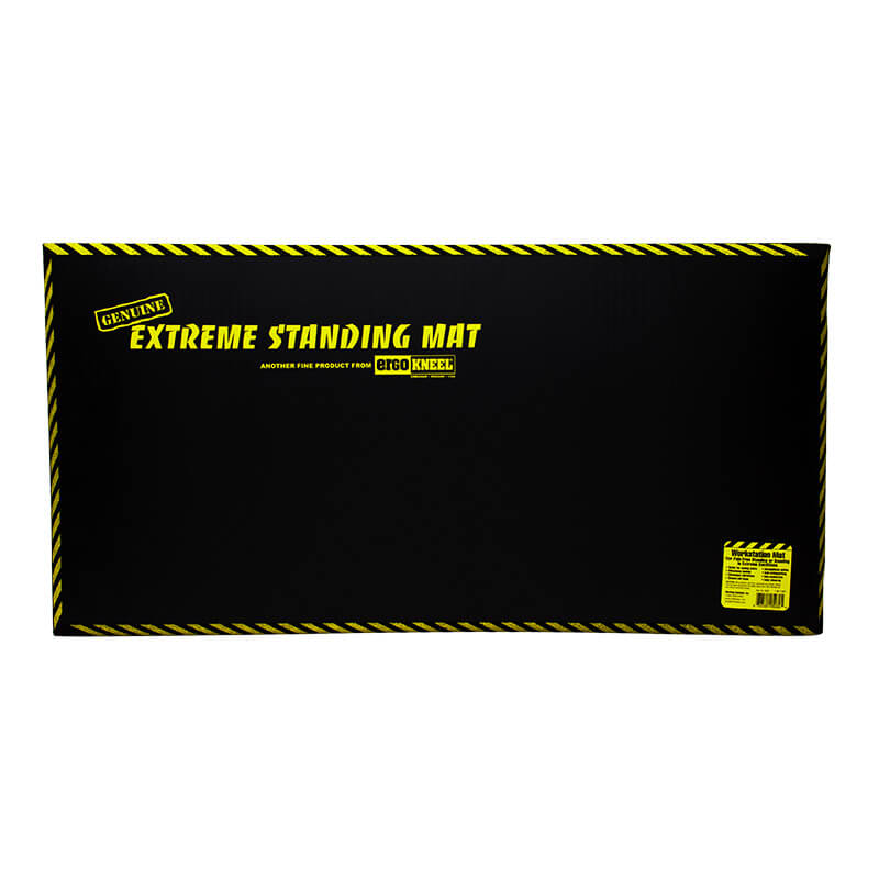 A black rectangular anti-fatigue mat, featuring the yellow text "Extreme Standing Mat" and a yellow caution border, prominently displays the "WORKING CONCEPTS" logo. Constructed from durable nitrile foam, this product includes the copyright notice: "© PK Safety 2012," at the bottom.