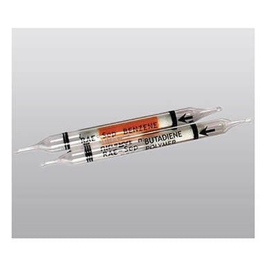 Two RAE Systems Benzene Separation Tubes (012-3022-010, 10/Box) with color-changing indicators are shown parallel on a light grey background—ideal for benzene detection with the UltraRAE 3000.