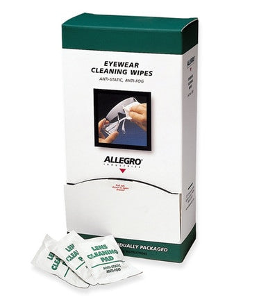 A green and white Allegro Cleaning Wipes 0350 box shows hands cleaning glasses and is labeled anti-static and anti-fog. Several individually wrapped, pre-moistened Allegro wipes are displayed in front of the box.