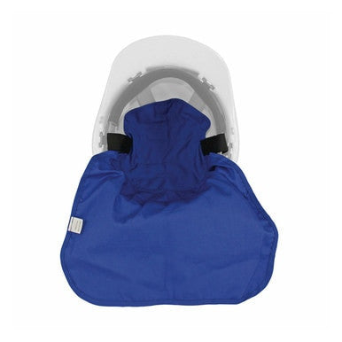 The PIP EZ-COOL Cooling Hard Hat Pad with Neck Shade 396-405-BLU from PIP provides enhanced neck protection and evaporative cooling with its blue neck cape. It features a clear face shield equipped with a chin guard, ensuring full coverage of the head and face, making it an excellent combination for comprehensive safety.