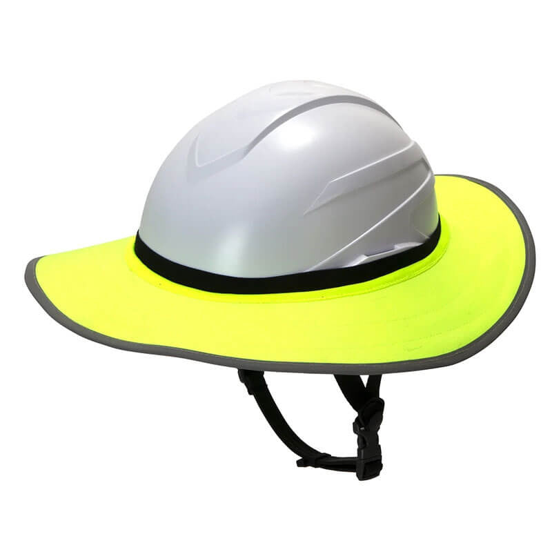 The Pyramex Ridgeline XR7 Sun Shade HPXR7SHADE30, designed by Pyramex Safety, is a white construction helmet featuring a wide bright yellow brim for sun protection and visibility, along with a black chin strap for secure fit during rigorous tasks.