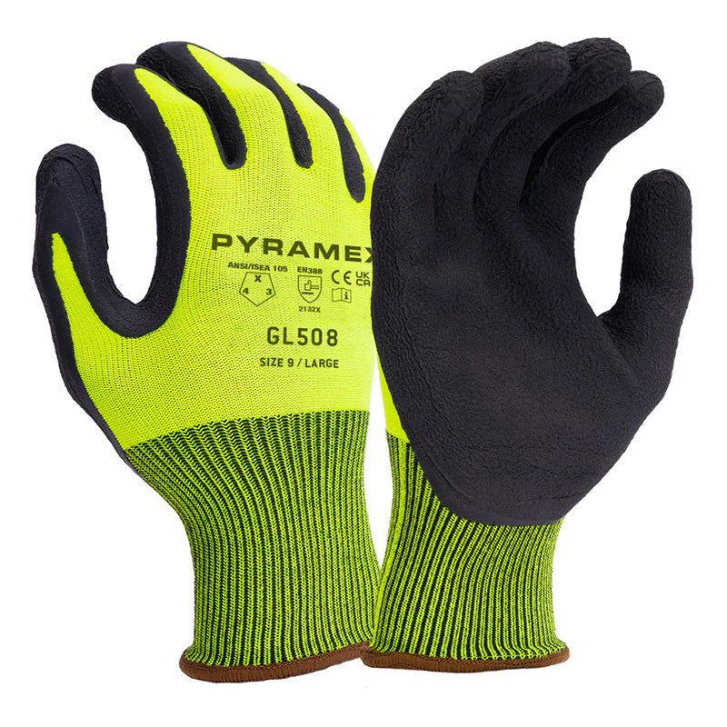 Introducing the Pyramex GL508 Series Crinkle Cut Latex Gloves by Pyramex Safety. These work gloves come in a striking yellow and black color combination, labeled as "Size 9 / Large." They feature a seamless knit design with a high-visibility nylon liner and boast black rubber palms for improved grip. They also provide ANSI Cut Level A2 protection for enhanced safety during handling tasks.