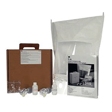 The 3M FT-10 Saccharin Respirator Fit Test Kit by 3M includes a brown carrying case, clear vials, small bottles with plastic caps, and a large white instruction sheet showing the kit components.