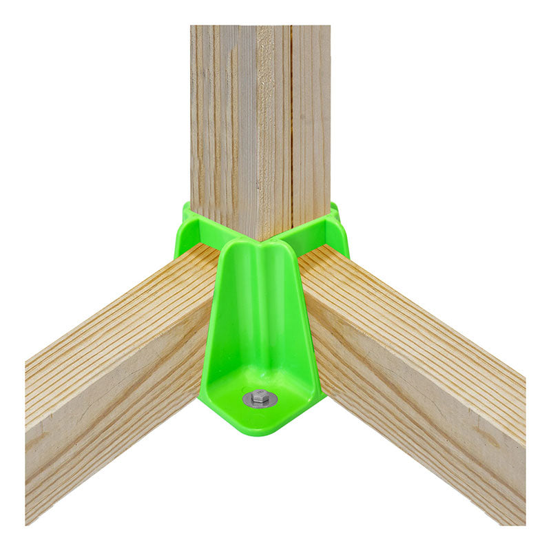 Close-up of three wooden planks joined at right angles with a bright green Frontline Safety Guardrail Boot Base w/Hardware GPB200 by Frontline Fall Protection, secured with a metal screw, supporting a safety guardrail against a white background.