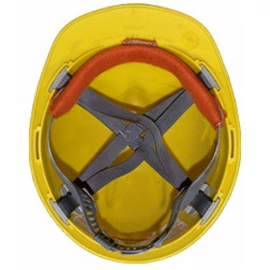 A yellow hard hat is shown from above, featuring a gray strap inner suspension and a Weldas SWEATSOpad Hard Hat Liner 20-3200V with a red forehead band and sweatband replacement.