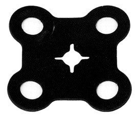 A black, square-shaped bracket with rounded edges and four circular holes at each corner, featuring a small cross-shaped cutout in the center, is ideal for securing PK Safety Supply's BW Replacement Quad Sensor Screen Filter (10/Pack) XT-SS-K2.