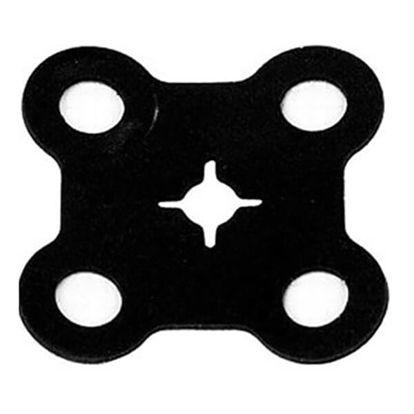 A black, square-shaped bracket with rounded edges and four circular holes at each corner, featuring a small cross-shaped cutout in the center, is ideal for securing PK Safety Supply's BW Replacement Quad Sensor Screen Filter (10/Pack) XT-SS-K2.