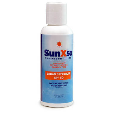 A bottle of Coretex Sun X 50 sunscreen lotion (4oz) features blue and white labeling with "Broad Spectrum SPF 50." It emphasizes being non-greasy, oxybenzone-free, paraben-free, and provides UVA/UVB protection along with water-resistant benefits.