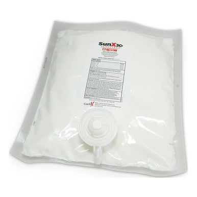 A sealed, transparent plastic bag filled with a white substance, labeled "Coretex SunX 750 ml Replacement Bladder for Dispenser 71557." Featuring broad-spectrum protection, the design includes a label with text and a spout at the bottom for easy dispensing of Coretex Sunscreen.