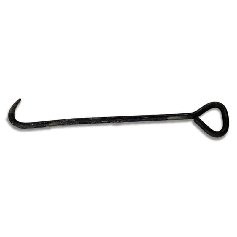 The UltraTech Grate Hook 9235 by UltraTech is a metal lifting tool with a curved, pointed end and sturdy triangular handle, designed for safe handling and moving of hay bales.