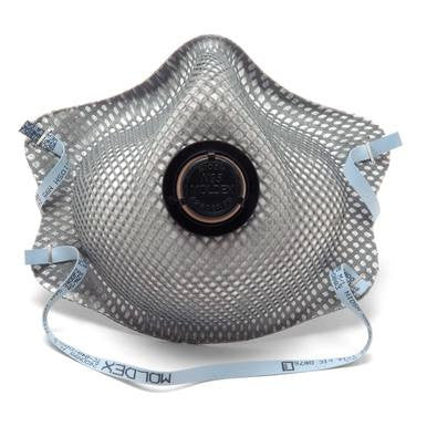The Moldex 2400 N95 Nuisance O/V by Moldex is a gray, mesh-textured respirator mask with a central valve and two adjustable blue elastic head straps. Available in a bag of 10.