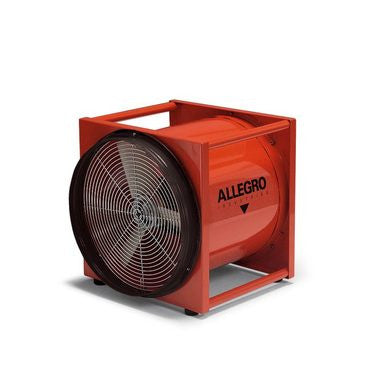 The Allegro 16 in. High Output Blower/Ventilator 9516, featuring a red design and encased in a sturdy square frame with a protective metal grille, is engineered for optimal ventilation purposes.