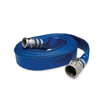 An Allegro 50 ft. Discharge Hose for Dewatering Sludge Pumps 9404-50, featuring a coiled blue design with silver metal connectors on both ends, rests on a plain white background, ideal for use with dewatering pumps.