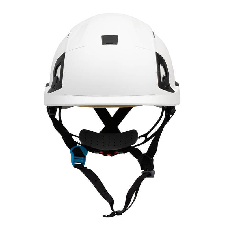 The PIP EVO ALTA Ascend Type II Vented Helmet, offered by Protective Industrial Products (PIP), showcases a robust ABS shell in white, complemented by black adjustable straps and a chin guard to optimize safety. Tailored for industrial climbing, this helmet incorporates small ventilation slots, a distinctive blue buckle on one strap, and an EPP foam impact liner. It is presented against a plain white background.