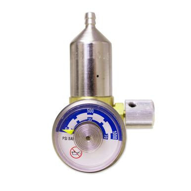 The BW Calibration Gas Regulator REG-0.5 LPM by BW Honeywell includes a glossy gauge that shows both PSI and BAR measurements on a blue and white scale, with a warning symbol situated at the bottom. It's designed for compatibility with disposable aluminum calibration gas canisters, featuring connection points at both the top and side.