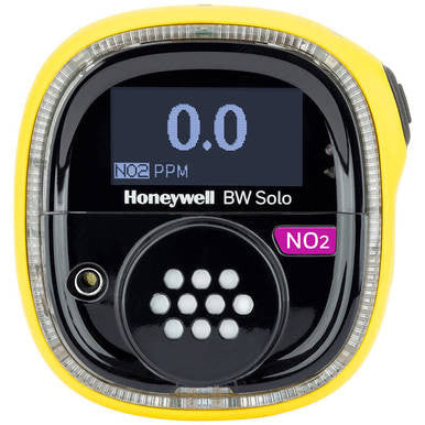 The BW Technologies by Honeywell BW Solo Wireless Gas Detector NO2 BWS1-D-Y features a black and yellow design and displays "0.0 NO2 PPM" on its screen.