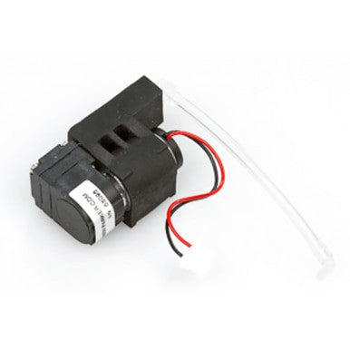 Image of a compact black peristaltic pump from the BW Honeywell Replacement Pump Kit XT-RPUMP-K1 by PK Safety Supply, featuring a white plastic tube and two wires—one red and one white. A white label with text is wrapped around the body of the pump.