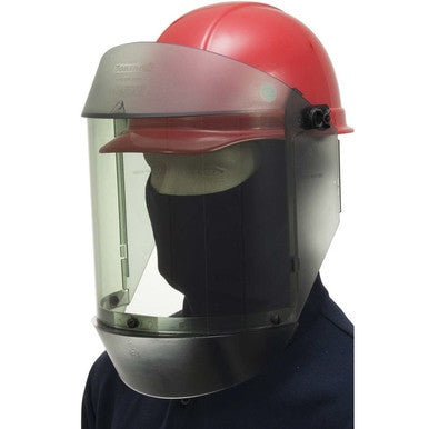 A person wears the Oberon Deluxe 12 Cal TCG ArcShield with Red Hardcap (21AGR12AF-C500) and a black balaclava, providing full-face protection against a plain background.