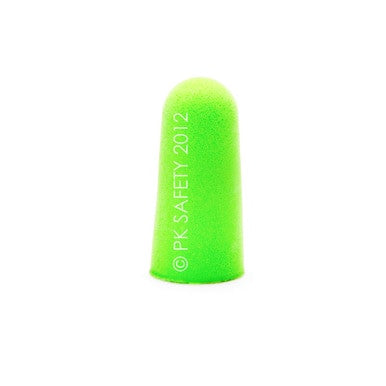 A bright green Moldex Pura-Fit 6800 foam earplug is positioned upright against a white background, showcasing "PK SAFETY 2012" written on its side, and is recognized for its excellent noise reduction rating.