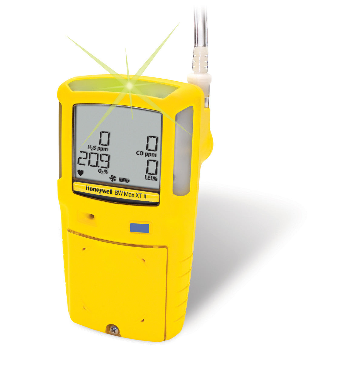 The BW XT-XWHM-Y-NA Honeywell GasAlert Max XT II Confined Space Multi-Gas Monitor, offered by PK Safety Supply, features a yellow design and provides readings such as H₂S and CO levels on its digital screen. It is tailored for hazardous environments, with a green light signaling active operation. For connectivity, there is a cable located at the top of the device.