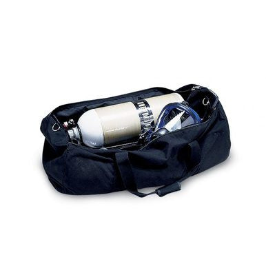 A scuba diving tank is inside an Allegro SCBA Storage Bag 4100-45, with part of the mask and tube visible. The black bag, featuring reinforced handles from the Allegro brand, is open, displaying the tank and equipment neatly packed inside.