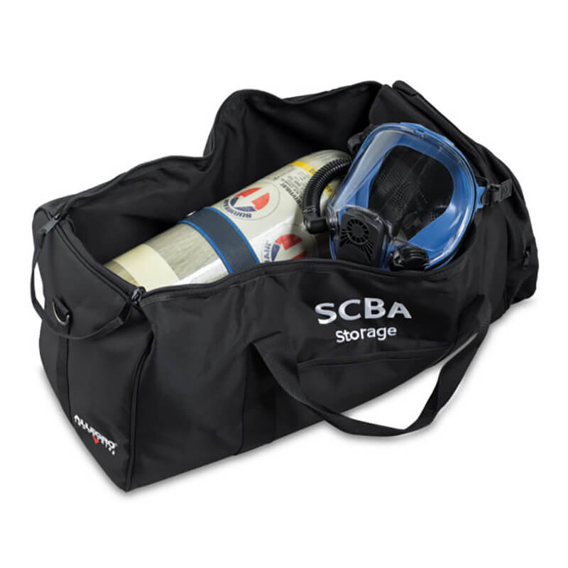 A scuba diving tank is inside an Allegro SCBA Storage Bag 4100-45, with part of the mask and tube visible. The black bag, featuring reinforced handles from the Allegro brand, is open, displaying the tank and equipment neatly packed inside.