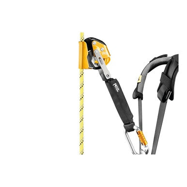 A safety harness equipped with the PETZL ASAP LOCK B071BA00 mobile fall arrester, connected to a yellow climbing rope. The harness includes black padded straps and metal clips for secure climbing or descending, ensuring essential fall protection.