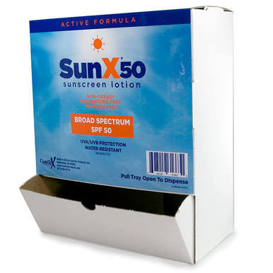 Coretex Sun X 50 Sunscreen Lotion Pouches 61663 (50/Box) offers SPF 50 UVA/UVB protection and water resistance. Each box features a blue/orange label and has a pull tray for easy dispensing of individual pouches.