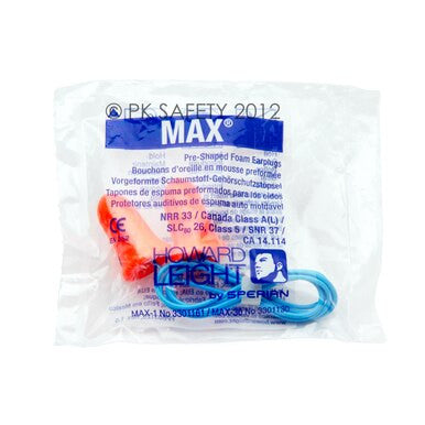 A box of 100 Honeywell Safety Howard Leight Max 30 disposable corded earplugs, featuring blue poly cords and bilingual noise reduction information in English and French.