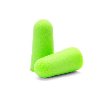 Set against a plain white background, two vibrant green Moldex Pura-Fit 6800 Foam Earplugs are displayed. One earplug is positioned upright, while the other lies horizontally alongside it, highlighting their comfort and exceptional noise reduction capabilities for tranquility in any setting.