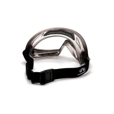 Pyramex Capstone GG504T anti-fog safety goggles by Pyramex Safety feature a black adjustable strap, cushioned interior for comfort and impact protection, plus a logo on the band. Set of 12 pairs shown on a white background.