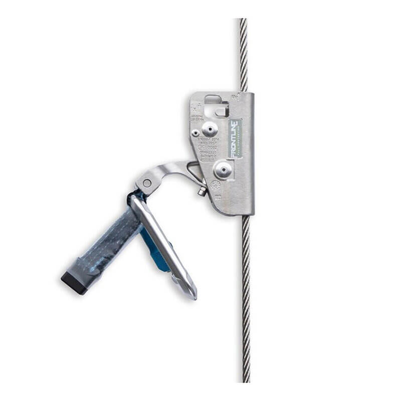 The Frontline Vertical Ladder Lifeline System Cable Glider GLC38 by Frontline Fall Protection is a metallic safety device with a blue and silver handle, designed for climbing or fall protection on vertical steel cables.