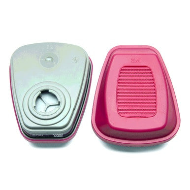 The 3M 60921 P100 Organic Vapor Filter (Pair) by 3M features pink and gray rectangular cartridges for use with respirator masks, providing reliable protection against particulates and organic vapors. Shown front and back.